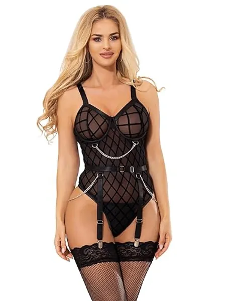 ohyeahlady Mesh Sexy Lingerie for Women Sets Plus Size Teddy Bodysuit Lingerie Set with Wide Suspender Belt and Stockings Clip 8-22 - XL-XXL - Black