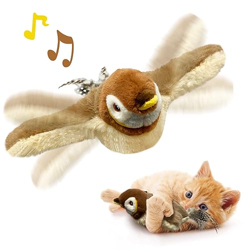 KreizyGo Cat Toys, Flapping Wings Sparrow Catnip Toys, Vivid Chirping, Simulation Bird Interactive Cat Toy for Kitten Kitty Exercise, Fluffy Plush Dog Toys, Touch Activated, Rechargeable - Sparrow