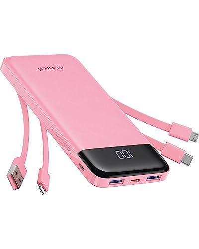 Portable Charger with Built in Cables, Portable Charger with Cords Wires Slim 10000mAh Travel Essentials Battery Pack 6 Outputs 3A High Speed Power Bank for iPhone Samsung Pixel LG Moto iPad (Pink) - Pink