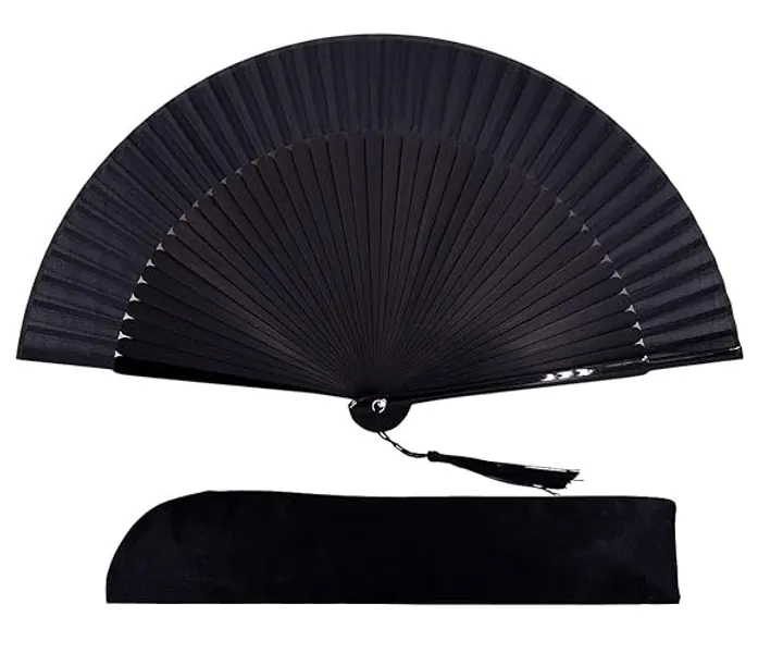 Amajiji 8.27"(21cm) Hand Held Bamboo Silk Folding Fan Hand Fan,Chinese/Japanese Charming Elegant Vintage Retro Style,Women Ladys Girls Best Gifts (Black) - Black
