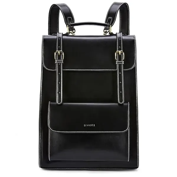 ECOSUSI Laptop Backpack for Women PU Leather Backpack Vintage for Laptop 15.6 inches Computer Bag College Bookbag - 15.6 inch - Black