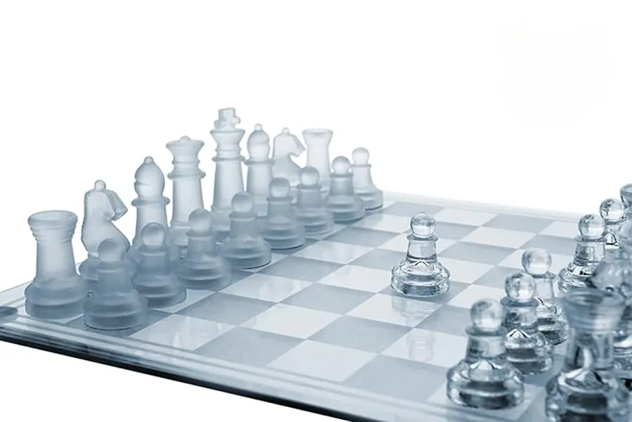 Gamie Premium Glass Chess Set, 12 Inch - Elegant Design - Durable Build - 32 Frosted and Clear Pieces - Felted Bottoms - Easy to Carry - Stable & Fully Functional for Chess Lovers - 12 Inch