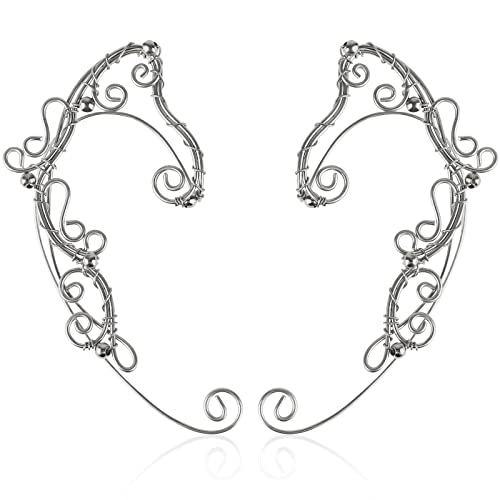 Elven Ear Cuffs for Women, Handmade Elf Fairy Earrings Cuff Wrap Clip-on Filigree Earrings for Fantasy Fairy Halloween Costume, Cosplay, Wedding, Handcraft (Silver) - swirly