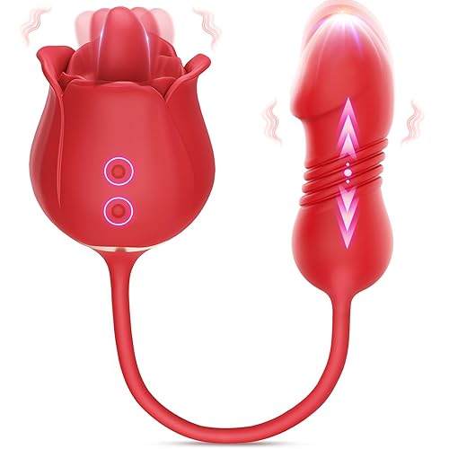 Dildo Vibrator Sex Toys for Women, Rose Adult Toys with G Spot Vibrators Nipple Clit Anal Rose Sex Toy - 9 Modes, Hands-Free Thrusting Dildos, Soft Tongue Licking, Couples Female Adult Sex Toys Games - Dark red