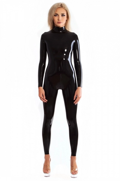 Neck entry latex catsuit with double slider crotch zipper at Bright&Shiny online store