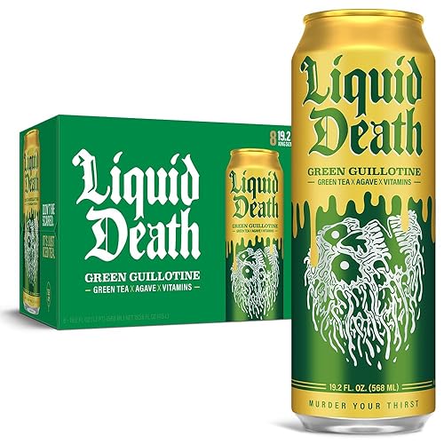 Liquid Death, Green Guillotine Iced Tea, 8-Pack (King Size 19.2oz Cans), Green Tea Sweetened With Real Agave, B12 & B6 Vitamins, Low Calorie & Low Sugar - Green Guillotine - 8 Pack