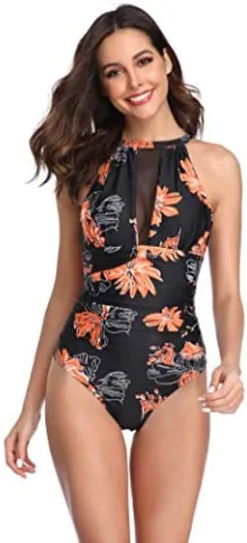 MarinaVida Women's One Piece Swimsuits Backless V-Neck Mesh Swimwear Ruched Monokini Tummy Control Bathing Suits for Women, Black Orange Flower, Large (US 12-14)