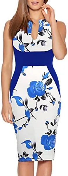 Fantaist Women's Sleeveless U Neck Patchwork Waistband Floral Print Church Dress (XL, FT601-Blue)