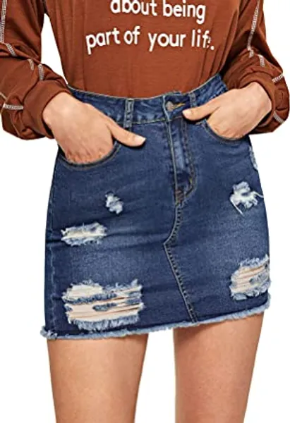 Verdusa Women's Casual Distressed Fray Hem A-Line Denim Short Skirt Blue XL