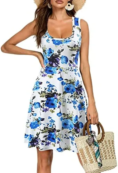 FENSACE Women's Sleeveless Scoop Neck Summer Beach Midi Flared Tank Dress (X-Large, 17020-9)