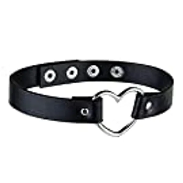 AsherKeep Adjustable Kawaii Choker and Collar Necklace, Aesthetic Necklace Made from Premium PU Leather and Alloy, Cute Choker and Collar Necklace Jewelry with Heart Pendant Charm for Women, Black