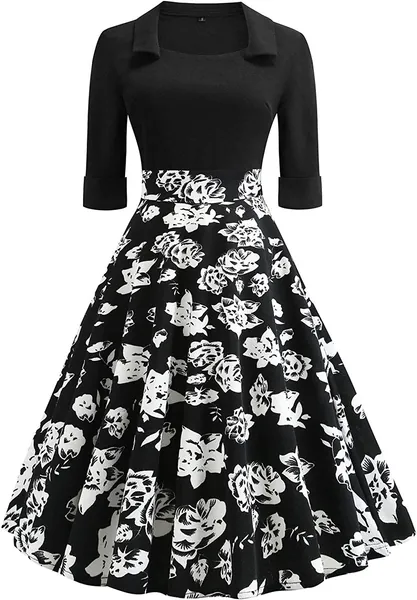 Women's Vintage Patchwork Pockets Half Sleeve Puffy Swing Casual Party Dress 2472