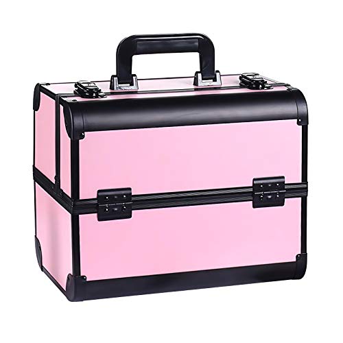 Professional 12.6 inches Large Makeup Train Case 4 Trays Cosmetic Cases, Large Makeup Storage Organizer Box with Lock GreenLife® Aluminum Frame Black/Pink Big Opening Enlargeable items Rounded corners - Rose Pink