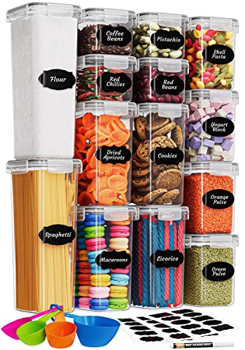 Chef's Path Kitchen Storage Box – Set of 14 Airtight Food Containers – Kitchen and Pantry Organisation – BPA-Free Plastic Food Storage Box – Labels, Marker and Spoons - 14 Pack - Black