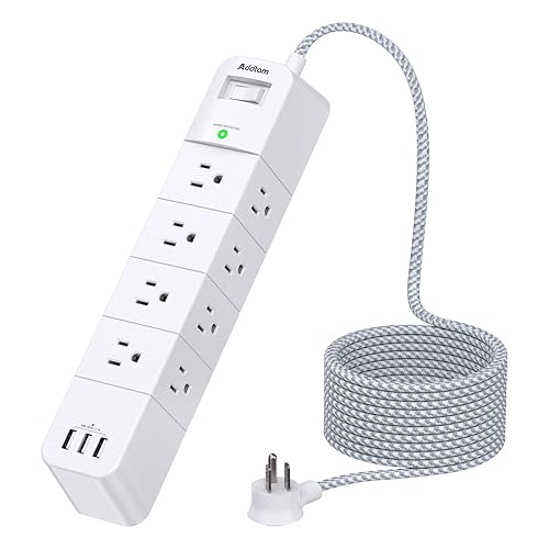 Power Strip Surge Protector - Addtam 12 Outlets(3-Side) and 3 USB Ports 5 Ft Long Extension Cord, Flat Plug Overload Surge Protection Outlet Strip, Wall Mount for Home, Office and More - 6 FT - White