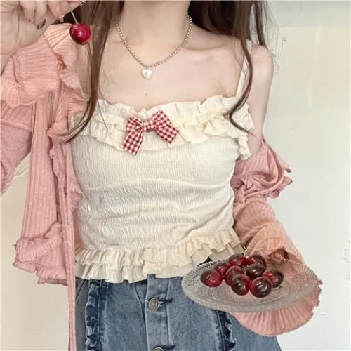 White bow top with pink cardigan set