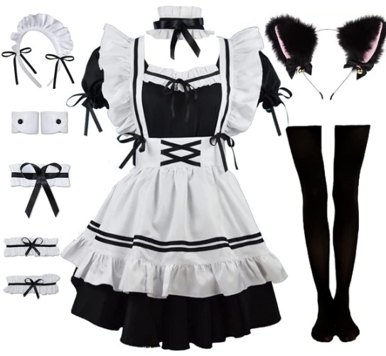 Rickem Ladies Anime Cosplay French Black white bow Apron Dress Halloween Makeup Costume 8PCS Set - 3X-Large Black