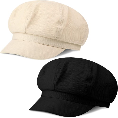 2 Pieces Women Newsboy Cap Visor Beret Hats Soft 8 Panels Vintage Cabbie Hat Octagonal Cap for Women Girls - Black and Beige