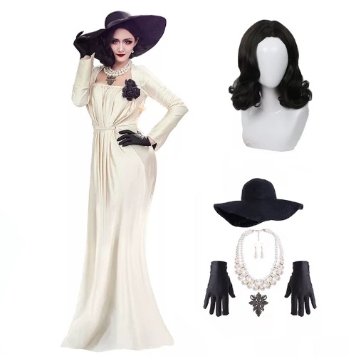 Lady Dimitrescu Cosplay Costumes Halloween Party Beige Long Dress - Large / X-Large