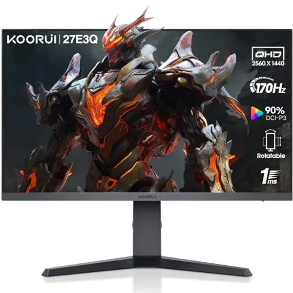 KOORUI Gaming Monitor 27 Zoll, 170Hz, 1ms, 2K QHD(2560 x 1440), IPS, HDR 400, Adaptive Sync, 2xHDMI, DisplayPort, DCI-P3 90%, Höhenverstellbar, Augenpflege,VESA 75x75