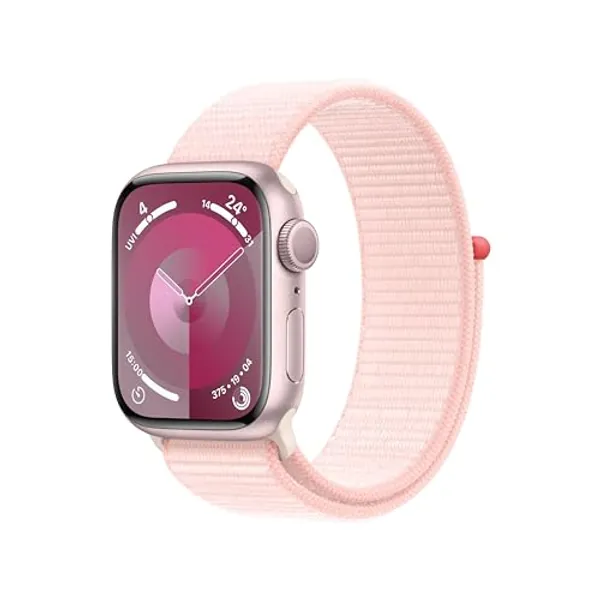 Apple Watch Series 9 (GPS, 41 mm) Smartwatch mit Aluminiumgehäuse in Pink und Sport Loop Armband in Hellrosa. Fitnesstracker, Blutsauerstoff und EKG Apps, Always-On Retina Display, CO₂ neutral