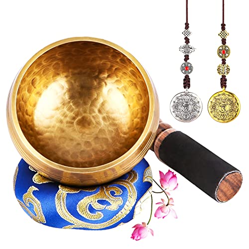 UNIDEAL Juego De Cuencos Tibetanos, Con Mazo De Superficie Doble Y Cojín De Seda, Viene con 2 Colgantes Auspiciosos, Tibetana Sonidos Cuencos para Meditación Relajación, Chakra Healing,Oración,Yoga - dorado
