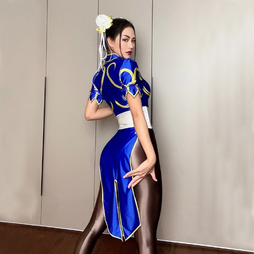 Chun-Li Cosplay - Conjunto de 4 piezas de satén brillante, traje de cuerpo de una pieza, Anime japonés, Street Fighter, Cosplay, falda Chunli, disfraz Sexy, Roleplay - AliExpress 