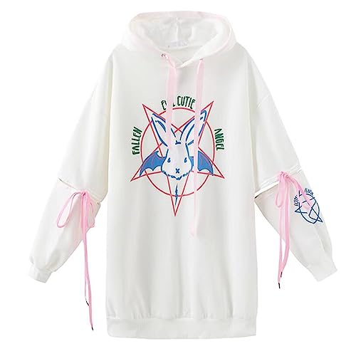 BSTANG Autumn Lace Up Hoodies Cartoon Rabbit Pentacle Print Sweatshirt Kawaii Long Sleeve Loose Women Tracksuit - Large-X-Large - White