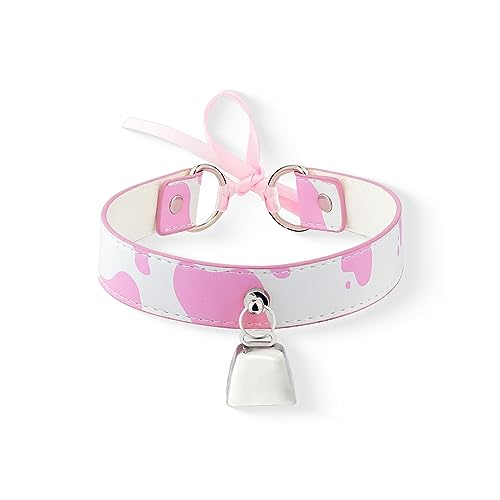 paloli Basic Cow Print Bell Collar Choker Necklace for women - Pink - Silver Bell