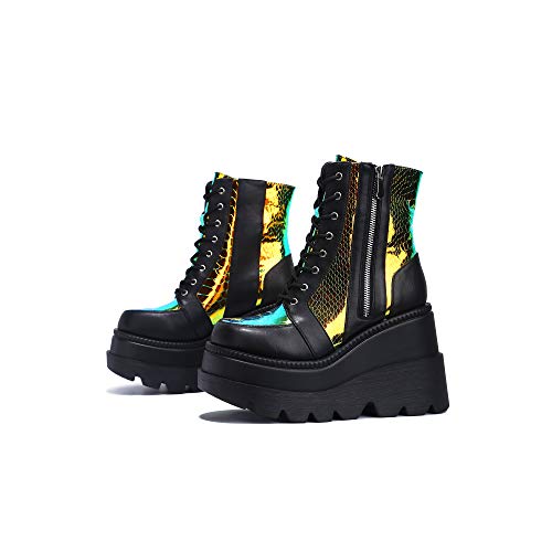 Cape Robbin Radio Holographic Platform Ankle Boots with Chunky Block Heels for Women - 11 - Black