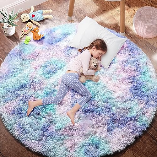 PAGISOFE Cute Shaggy Circle Rug for Girls Bedroom, Purple Rainbow Rug for Kids Room, Teen Girls, Playroom, Nursery, Classroom, Fluffy Furry Pastel Mermaid Rug, Soft Plush Kawaii Tent Carpet, 5x5 Rug - 5x5 Feet - Rainbow Purple