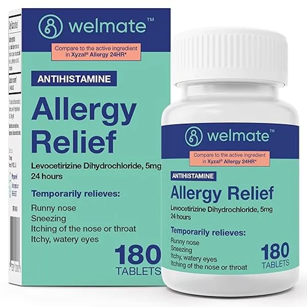 WELMATE | Allergy | Generic Xyzal Levocetirizine Dihydrochloride 5mg | Non Drowsy | Fast Acting | 24hr Support | Runny Nose, Watery Eyes, Sneezing | Antihistamine | Allergy Medication | 180 ct