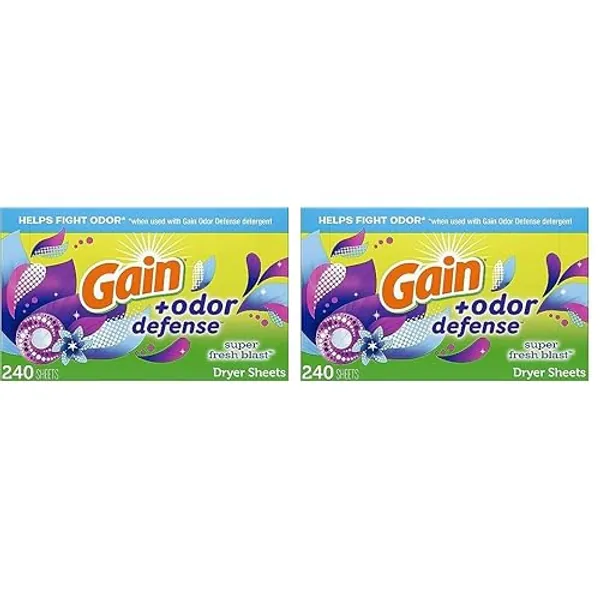 Gain + Odor Defense Dryer Sheets, Super Fresh Blast Scent Fabric Softener Sheets, 240 ct (Pack of 2)
