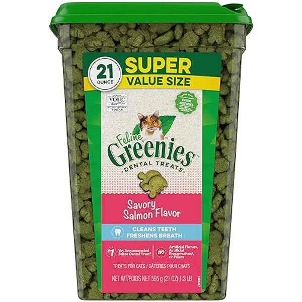 Greenies Feline Adult Natural Dental Care Cat Treats Savory Salmon Flavor, 21 oz. Tub