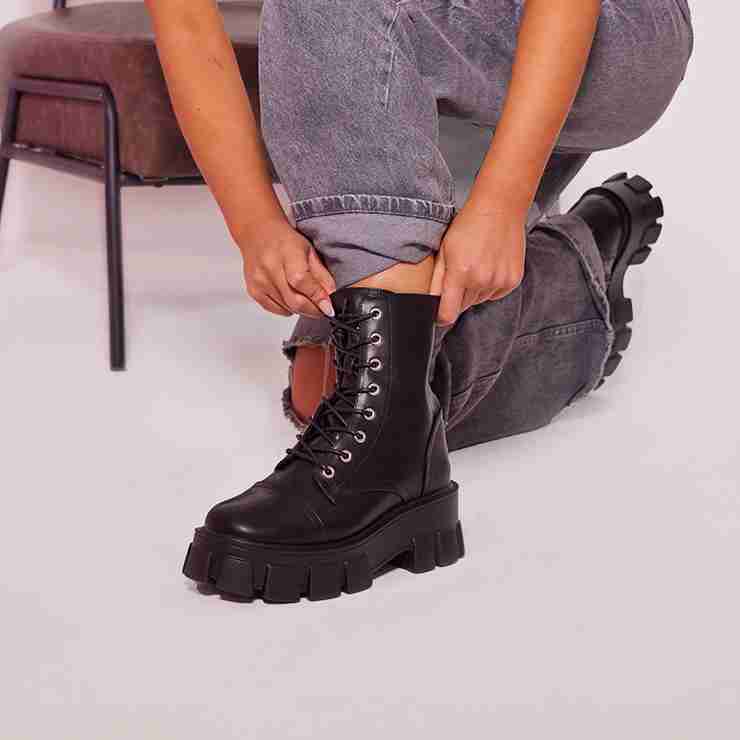 Black Lace Up Extreme Cleated Sole Hiker Boots