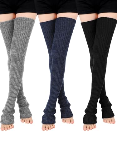 SATINIOR Leg Warmers 3 Pairs Thigh High Leg Warmers Knit Long Leg Warmers Warm Sweater Leg Warmers Women Leg Footless Socks - Charcoal Black, Dark Grey, Light Grey