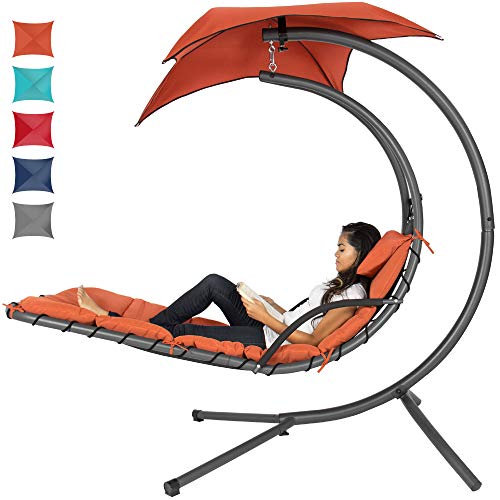 Best Choice Products Outdoor Hanging Curved Steel Chaise Lounge Chair Swing w/Built-in Pillow and Removable Canopy, Orange - Orange