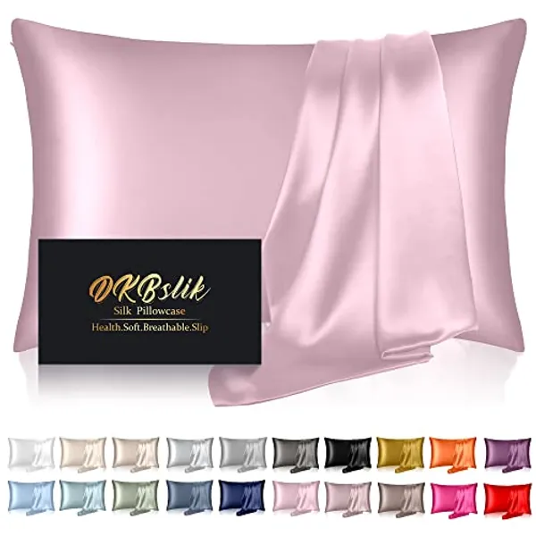 Silk Pillowcase for Hair and Skin, Mulberry Silk Pillow Cases Standard Size, Anti Acne Cooling Sleep Both Sides Natural Silk Satin Pillow Covers with Hidden Zipper, Gifts for Women Men, Light Pink