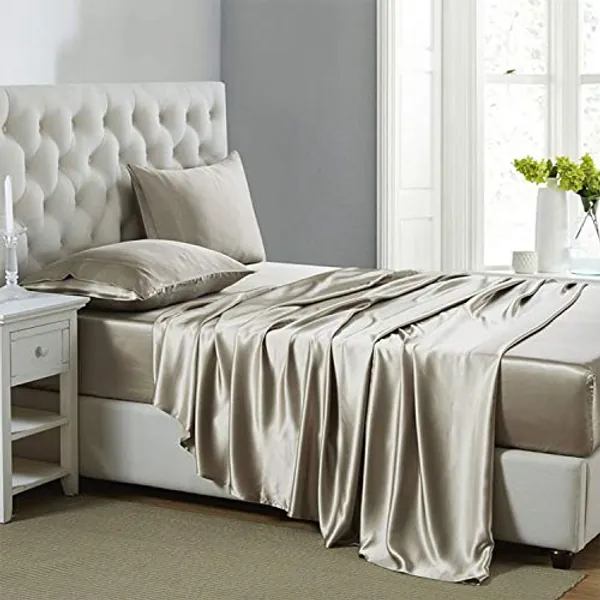 Lanest Housing Silk Satin Sheets, Twin XL Size Satin Bed Sheet Set with Deep Pockets, Cooling Soft and Hypoallergenic Satin Sheets Twin XL - Taupe