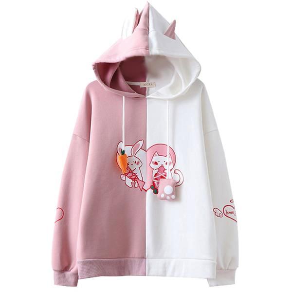Bunny vs Kitten Hoodie - Pink / White