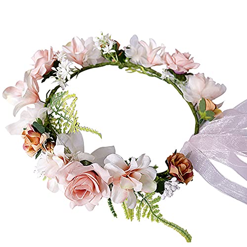 Floral Crown Headband Adjustable Rose Hair Wreath Boho Bridal Garland Crown Headpiece with Ribbon for Wedding Ceremony Party Festival