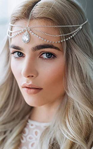 BERYUAN Women Rhinestone Boho Teardrop Head Chain Crystal Headpiece Silver Wedding Hair Accessory Gift for Her Party Headpiece for Bride Bridesmaid Girls (silver)
