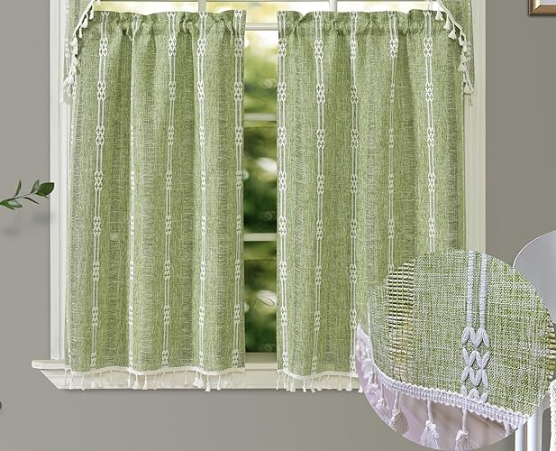 GOHD Country Road Tiers Kitchen Curtains Boho Jacquard Stripe Tassel Bathroom Window Curtain 3 Size, 100% Polyester(36in,Green) - 53"W x 36"L (Pack of 1) - Green