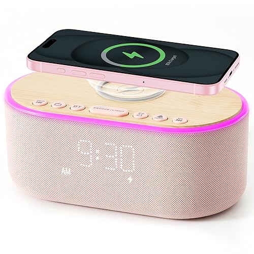 uscce Alarm Clock Bluetooth FM Radio: 10W Stereo Sound Speaker - Fast Wireless Charging for iPhone Samsung - Dimmable Clock Radio for Bedroom - Pink - White Digits