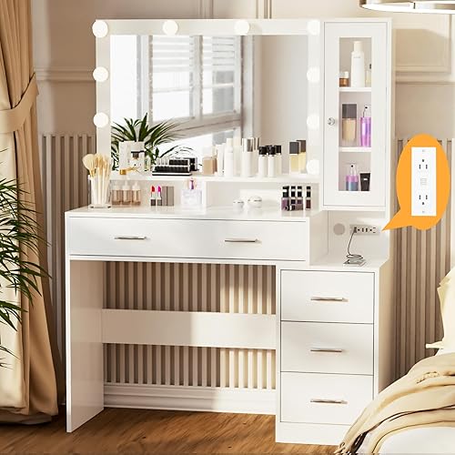 Likein Makeup Vanity with Charging Station, Makeup Vanity Desk with Mirror and Lights, Dressing Table with Nightstand Drawers & Cabinet for Women Girls Bedroom - White Glass Door Cabinet - Nightstand Charging Station