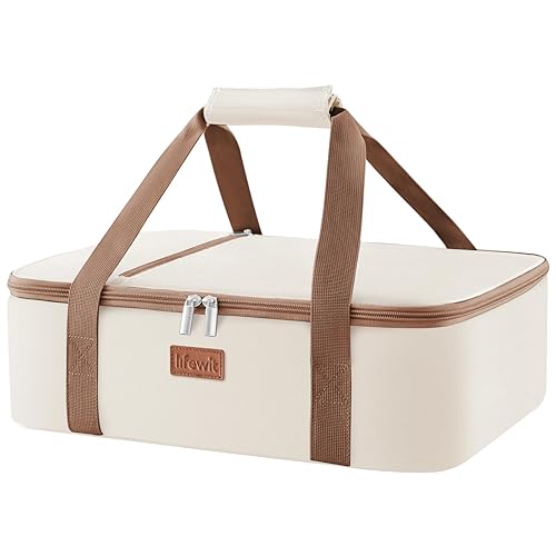 Lifewit Insulated Casserole Carrier for Hot or Cold Food, Casserole Dish with Lid and Carrying Case, Lasagna Holder for Potluck Parties/Picnic/Cookouts, Fits 9"x13" Baking Dish, Beige - Beige - 15.7 x 11.4 x 4.7inch