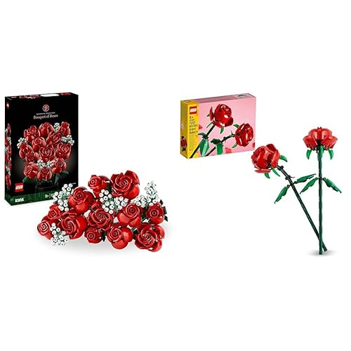 LEGO Icons Rosenstrauß, künstliche Blumen als Zimmer-Deko & Creator Rosen, künstliche Blumen-Set, kompatibel mit Blumensträußen - Rosenstrauß + Creator Rosen