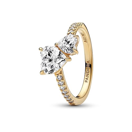 PANDORA Timeless Ring Doppelherz, funkelnd, 14-karätig vergoldet, mit klarem Cubic Zirkonia - 54