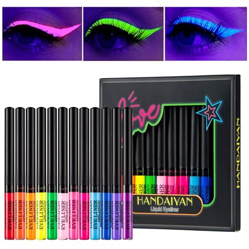 Beauty Searcher Neon Liquid Eyeliner Set, 12 Colors UV Glow Matte Eyeliner, Waterproof Smudgeproof Long Lasting Colorful Fluorescent Body Face Paint Makeup for Daily Wear and Halloween Christmas - #01