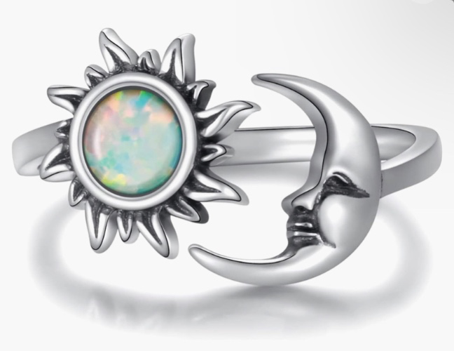 Opal Sun and Moon Ring Adjustable 925 Sterling Silver Crescent Moon face Ring Vintage Jewelry Gifts for Womem